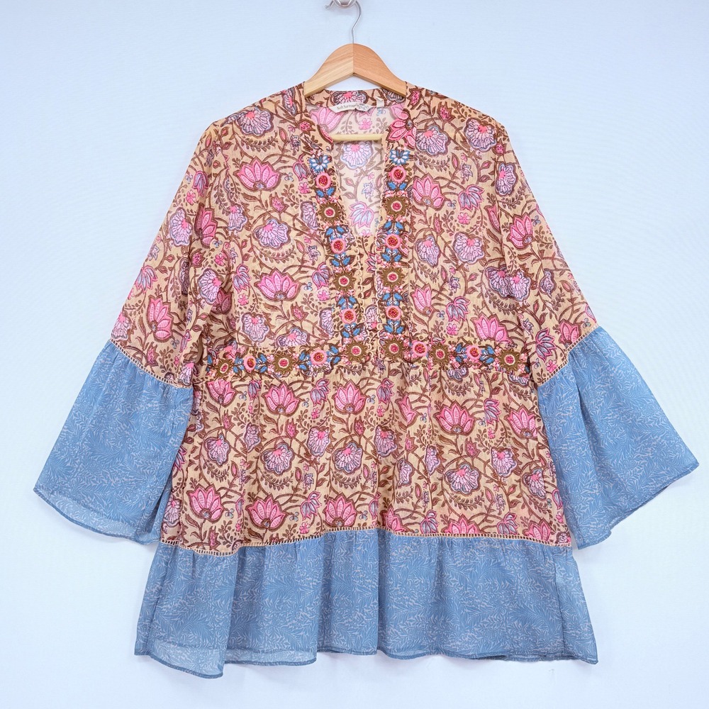 Soft Surroundings Tunic Women Large Tan Blue Floral Embroidered Boho Cottagecore
